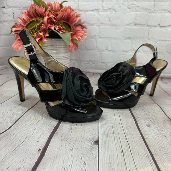 ANTONIO MELANI Shoes - antonio melani black sling back leather heels with rose flower on toe sz 7.5